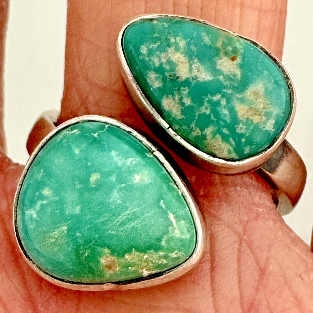 Navajo Sonoran Turquoise Ring Sz‎ 8 Wrap Adjustable Skeets Sterling Two Stone
